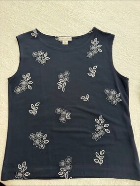 Casual Corner Navy Tank Top with White Floral Embroidery